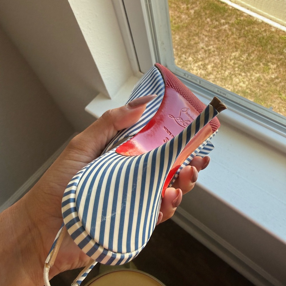 Christian Louboutin Blue/White Striped Bow Slingback Heels AUTHENTIC sz 37 (6/7) - Picture 8 of 11